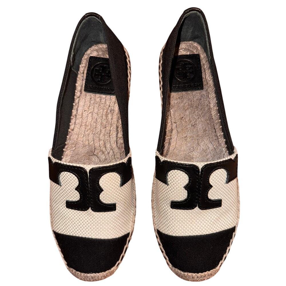 Tory Burch Veranda Espadrille Flats US 6.5 Black Beige Casual Slip-On Shoes NEW
